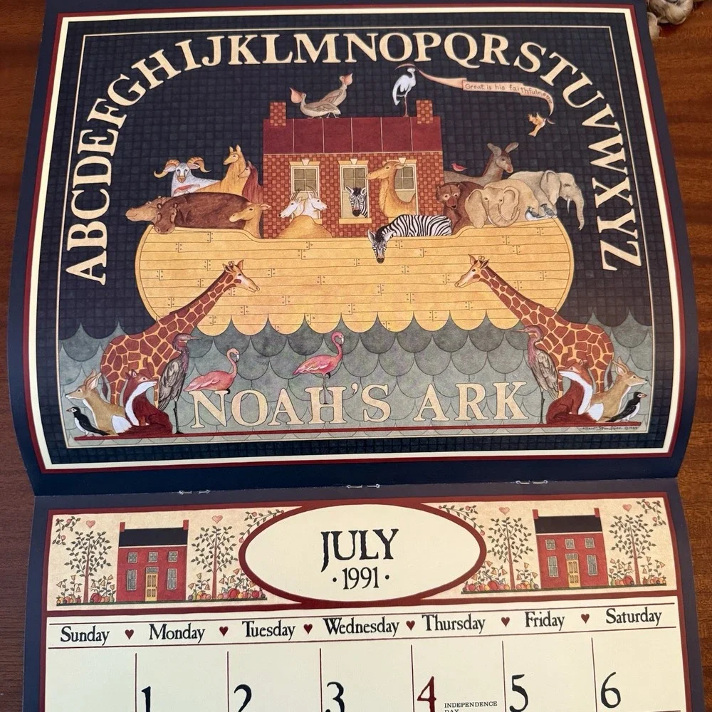 1991‎ Country Sampler Calendar –Noah's Ark – 12x12 – Folk Art Cottagecore